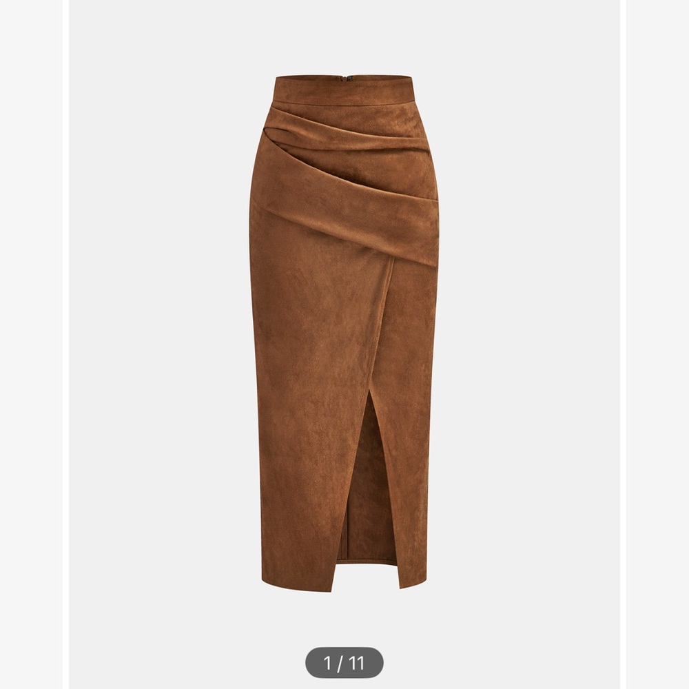 NWT COMMENSE draped faux suede wrap midi skirt - brown - small